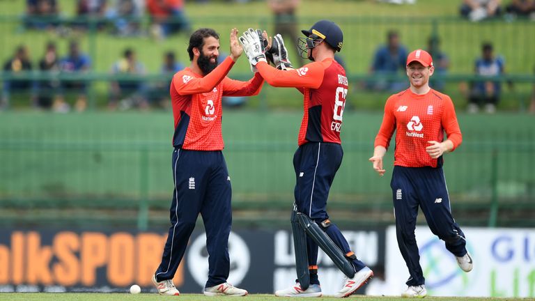 Moeen Ali celebrates taking a wicket against Sri Lanka