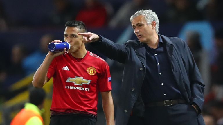 Jose Mourinho and Alexis Sanchez look on from the sideline during their Champions League match with Valencia.