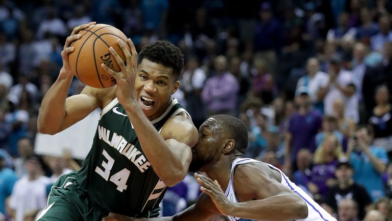 CHARLOTTE, NC - OCTOBER 17: Giannis Antetokounmpo #34 of the Milwaukee Bucks drives to the basket against Kemba Walker #15 of the Charlotte Hornets during their game at Spectrum Center on October 17, 2018 in Charlotte, North Carolina. 