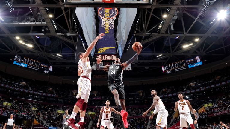 Rondae Hollis-Jefferson #24 of the Brooklyn Nets drives to the basket against the Cleveland Cavaliers on October 24, 2018 at Quicken Loans Arena in Cleveland, Ohio.