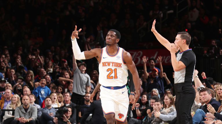 NEW YORK, NY - OCTOBER 20: Damyean Dotson #21 of the New York Knicks reacts to a play during the game against the Boston Celtics on October 20, 2018 at Madison Square Garden in New York City, New York. NOTE TO USER: User expressly acknowledges and agrees that, by downloading and/or using this photograph, user is consenting to the terms and conditions of the Getty Images License Agreement. Mandatory Copyright Notice: Copyright 2018 NBAE (Photo by Nathaniel S. Butler/NBAE via Getty Images)