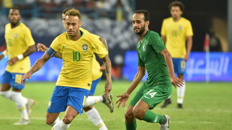 Neymar is tracked during Brazil's friendly against Saudi Arabia