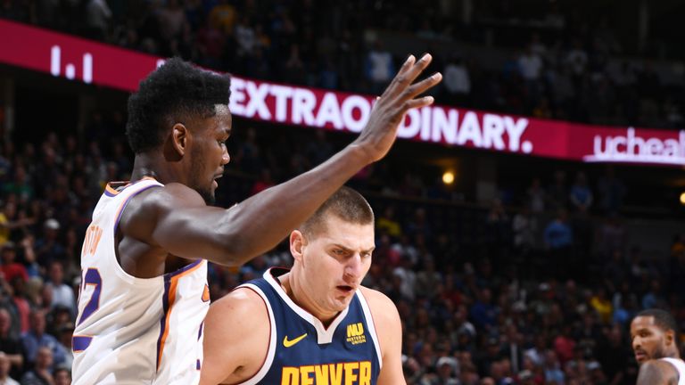 DENVER, CO - OCTOBER 20:  Nikola Jokic #15 of the Denver Nuggets handles the ball against the Phoenix Suns on October 20, 2018 at the Pepsi Center in Denver, Colorado. NOTE TO USER: User expressly acknowledges and agrees that, by downloading and/or using this Photograph, user is consenting to the terms and conditions of the Getty Images License Agreement. Mandatory Copyright Notice: Copyright 2018 NBAE (Photo by Garrett Ellwood/NBAE via Getty Images)