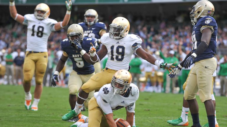AVIVA STADIUM, DUBLIN, IRELAND - 1st September, 2012: Notre Dame's Robby Toma scores a touchdown during the Notre Dame v Navy Match,May 15th, 2012 in the Aviva Stadium, Dublin, Ireland.(Photo by Barry Cronin/Getty Images)