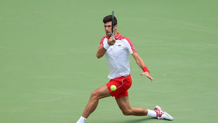 Novak Djokovic of Serbia hits a return against Marco Cecchinato of Italy during they third round of the 2018 Rolex Shanghai Masters on Day 5 at Qi Zhong Tennis Centre on October 11, 2018 in Shanghai, China.