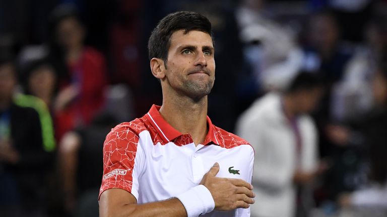 Serbia&#39;s Novak Djokovic celebrates after winning against Germany&#39;s Alexander Zverev during their men&#39;s singles semi-finals match at the Shanghai Masters tennis tournament on October 13, 2018