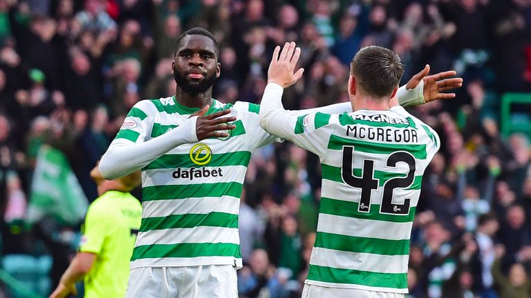 Celtic's Odsonne Edouard celebrates with Callum McGregor after he makes it 4-2