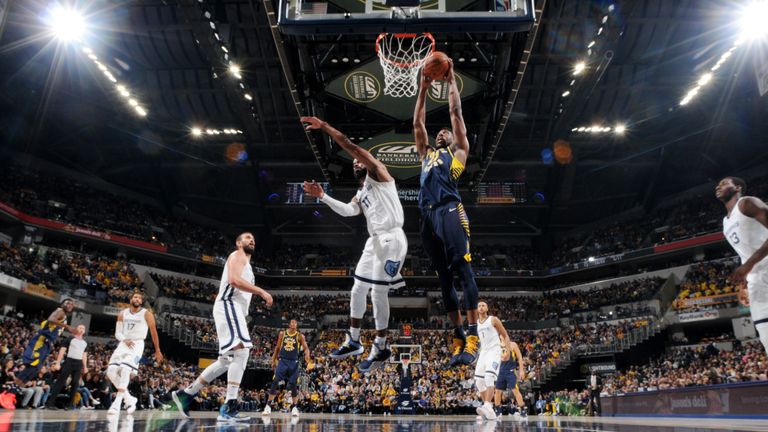 Thaddeus Young #21 of the Indiana Pacers dunks the ball against the Memphis Grizzlies during the game on October 17, 2018 at Bankers Life Fieldhouse in Indianapolis, Indiana.