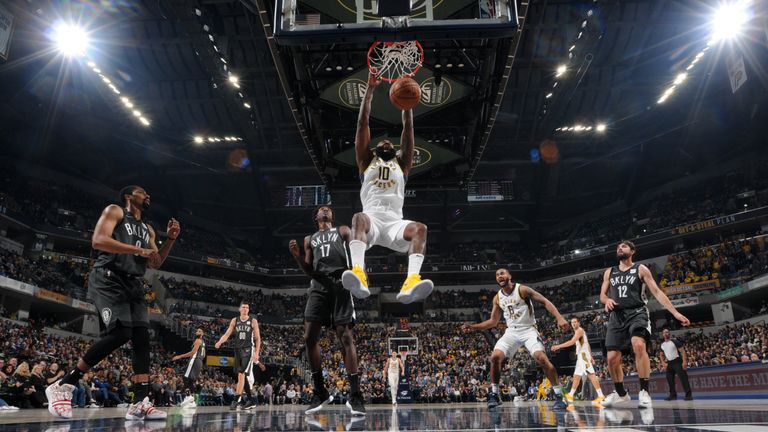 INDIANAPOLIS, IN - OCTOBER 20: Kyle O&#39;Quinn #10 of the Indiana Pacers dunks the ball against the Brooklyn Nets during a game on October 20, 2018 at Bankers Life Fieldhouse in Indianapolis, Indiana. NOTE TO USER: User expressly acknowledges and agrees that, by downloading and/or using this Photograph, user is consenting to the terms and conditions of the Getty Images License Agreement. Mandatory Copyright Notice: Copyright 2018 NBAE (Photo by Ron Hoskins/NBAE via Getty Images)