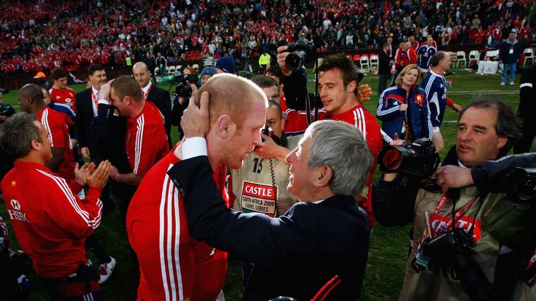 Sir Ian McGeechan hugs Paul O'Connell after the Lions beat the Springboks at Ellis Park Stadium on July 4, 2009 in Johannesburg, South Africa.