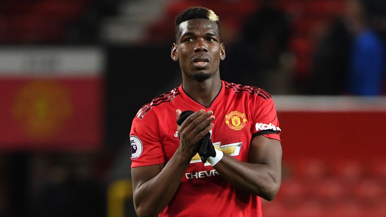 Paul Pogba applauds supporters at the final whistle of Manchester United's Premier League match against Everton at Old Trafford