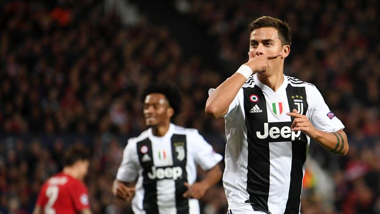Paulo Dybala celebrates scoring Juventus' first goal against Manchester United in the Champions League