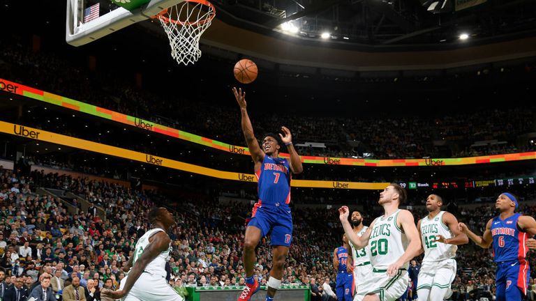 Stanley Johnson #7 of the Detroit Pistons drives to the basket and shoots the ball against the Boston Celtics on October 30, 2018 at the TD Garden in Boston, Massachusetts.