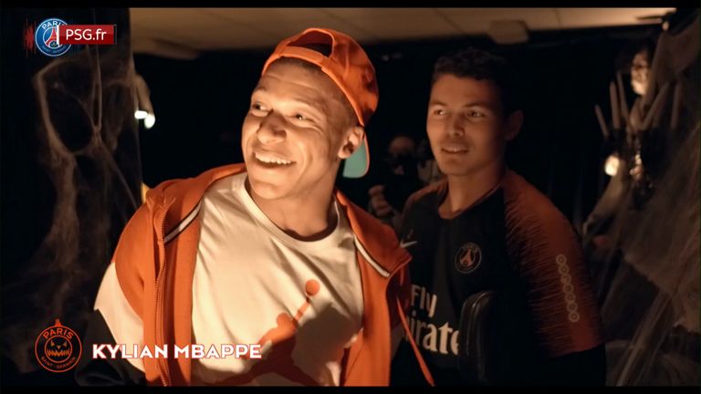 PSG&#39;s Kylian Mbappe and Thiago Silva take part in a Halloween &#39;lucky dip&#39;