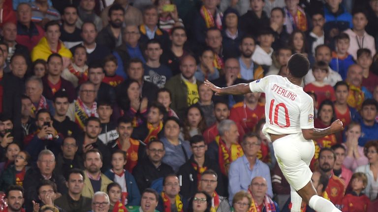 Raheem Sterling celebrates after scoring for England during the UEFA Nations League with Spain 