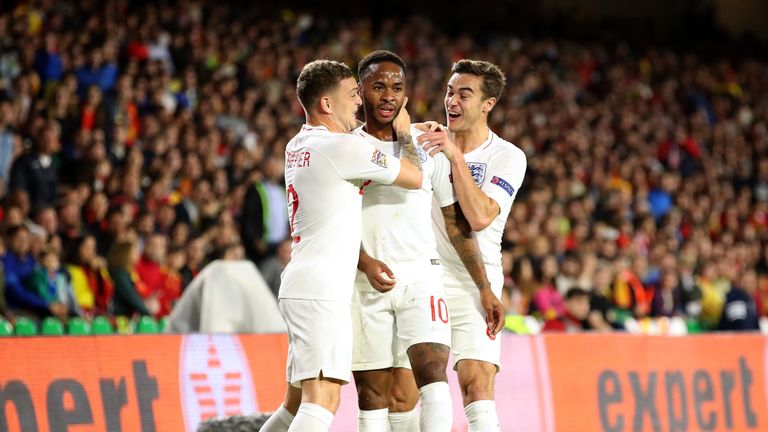 England's Raheem Sterling celebrates scoring England's first goal of the game during the Nations League match against Spain