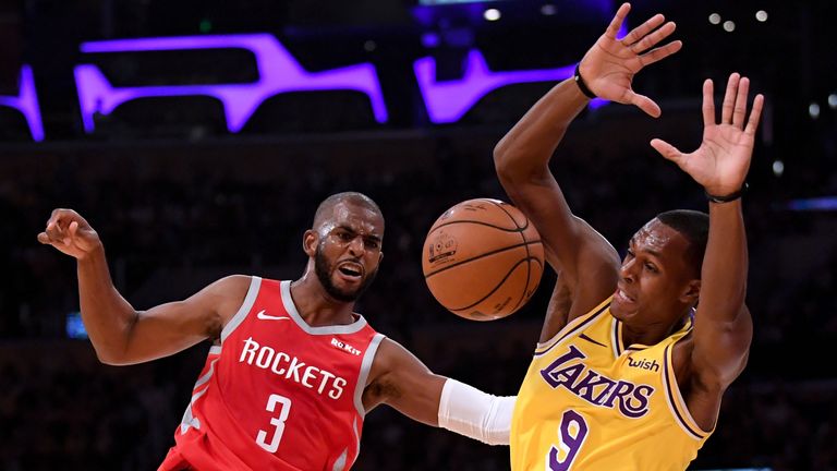 Chris Paul #3 of the Houston Rockets reacts to a foul from Rajon Rondo #9 of the Los Angeles Lakers during the second quarter at Staples Center on October 20, 2018 in Los Angeles, California.