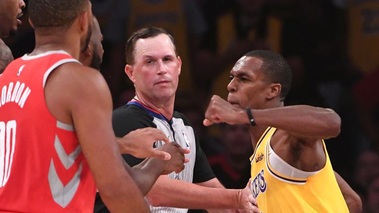 Los Angeles Lakers guard Rajon Rondo (9) throws a punch at Houston Rockets guard Chris Paul (3) as a fight broke out in the fourth quarter of the game 