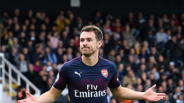 LONDON, ENGLAND - OCTOBER 07:  Aaron Ramsey celebrates scoring Arsenal's 3rd goal during the Premier League match between Fulham FC and Arsenal FC at Craven Cottage on October 7, 2018 in London, United Kingdom.  (Photo by David Price/Arsenal FC via Getty Images) *** Local Caption *** Aaron Ramsey