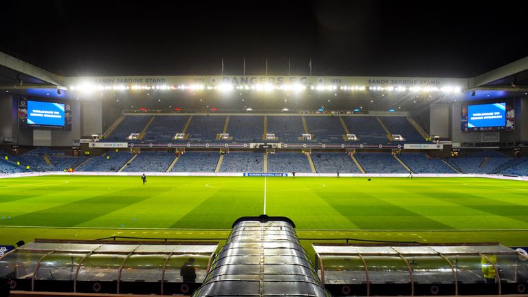 General view of Rangers' Ibrox Stadium at night