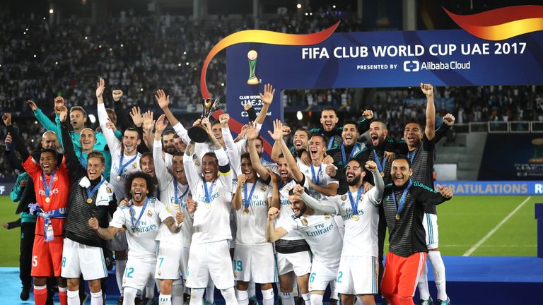 Sergio Ramos of Real Madrid lifts the trophy after the FIFA Club World Cup UAE 2017 Final between Gremio and Real Madrid at the Zayed Sports City Stadium on December 16, 2017 in Abu Dhabi, United Arab Emirates. 