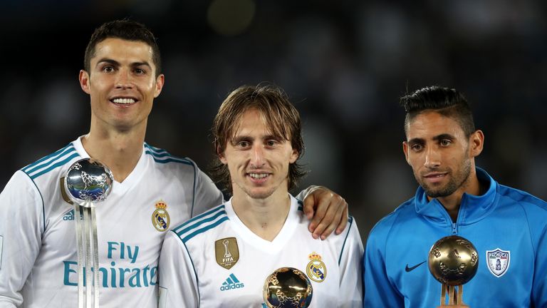 Cristiano Ronaldo of Real Madrid, Luka Modric of Real Madrid and Jonathan Urretaviscaya of CF Pachuca pose with there adidas Golden Ball trophys after the FIFA Club World Cup UAE 2017 Final between Gremio and Real Madrid at the Zayed Sports City Stadium on December 16, 2017 in Abu Dhabi, United Arab Emirates. 