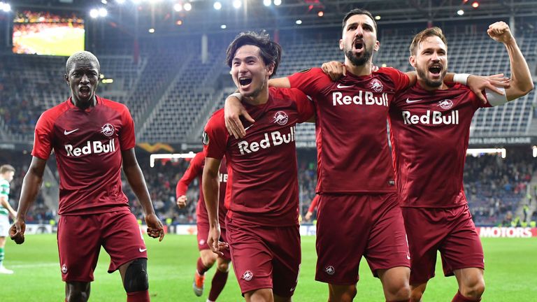 FC Salzburg players celebrate going 2-1 up