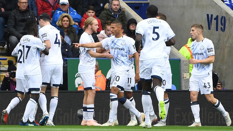 Richarlison celebrates putting Everton in front at Leicester