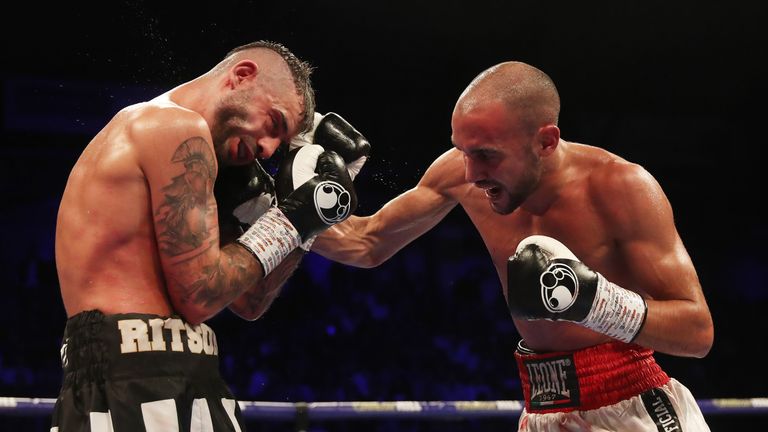 NEWCASTLE UPON TYNE, ENGLAND - OCTOBER 13 Francesco Patera fights Lewis Ritson during the European Lightweight Championship fight at Metro Radio Arena on October 13, 2018 in Newcastle upon Tyne, England. (Photo by Ian MacNicol/Getty Images)