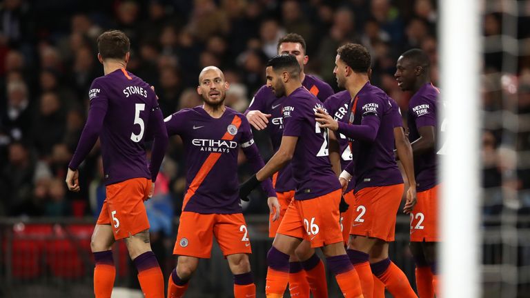 Manchester City's Riyad Mahrez celebrates scoring his side's goal against Tottenham