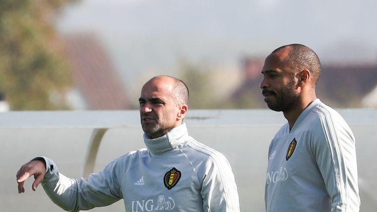 Belgium head coach Roberto Martinez and assistant coach Thierry Henry during a training session in Tubize, on October 9, 2018