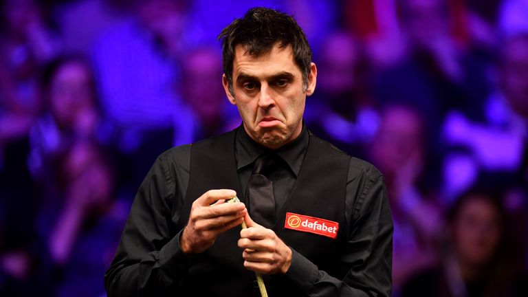 Ronnie O'Sullivan of England reacts during his match against Mark Allen of Northern Ireland during The Dafabet Masters on Day Five at Alexandra Palace on January 18, 2018 in London, England. 