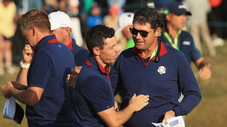 Rory McIlroy and Padraig Harrington during the afternoon foursome matches of the 2018 Ryder Cup at Le Golf National on September 28, 2018 in Paris, France.