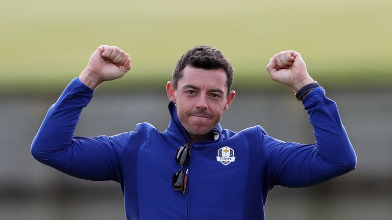 Team Europe's Rory McIlroy celebrates winning the Ryder Cup at Le Golf National, Saint-Quentin-en-Yvelines, Paris.