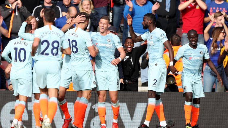 Ross Barkley celebrates with team-mates after doubling Chelsea's lead