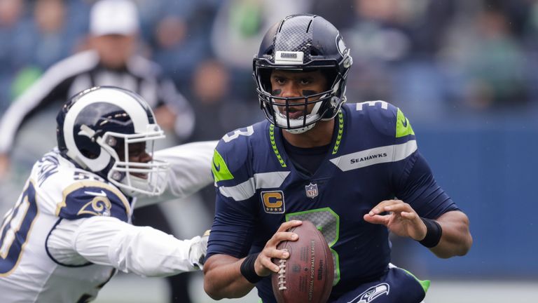 Russell Wilson avoids the sack against the Los Angeles Rams in week 4