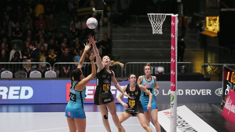  during the Vitality Netball Superleague match between Wasps Netball and Surrey Storm at Ricoh Arena on February 10, 2018 in Coventry, England.