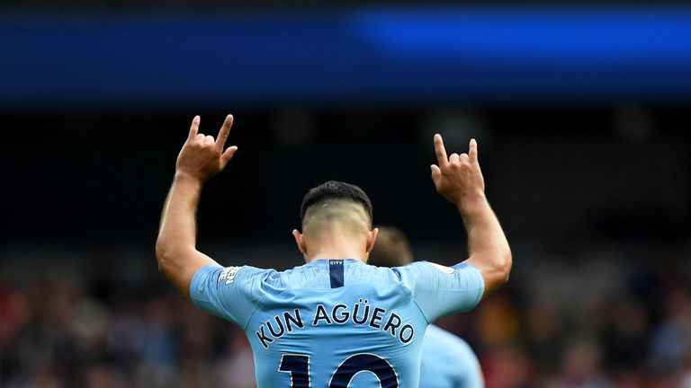 Sergio Aguero celebrates his first-half goal