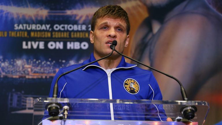 Sergiy Derevyanchenko speaks at the final press conference for the Matchroom Boxing USA fight card on the October 27, 2018 at the Hulu Theater at Madison Square Garden.  