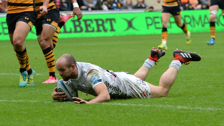 xxxx of Gloucester Rugby is tackled by xxxx of Wasps during the Gallagher Premiership Rugby match between Wasps and Gloucester Rugby at Ricoh Arena on October 6, 2018 in Coventry, United Kingdom.