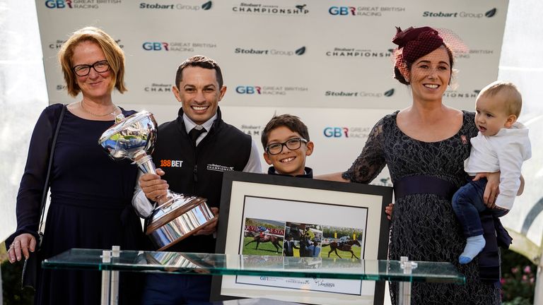 ASCOT, ENGLAND - OCTOBER 20: Silvestre De Sousa with his Stobart Champion Jockey Trophy at Ascot Racecourse on October 20, 2018 in Ascot, United Kingdom. (Photo by Alan Crowhurst/Getty Images) *** Local Caption *** Silvestre De Sousa