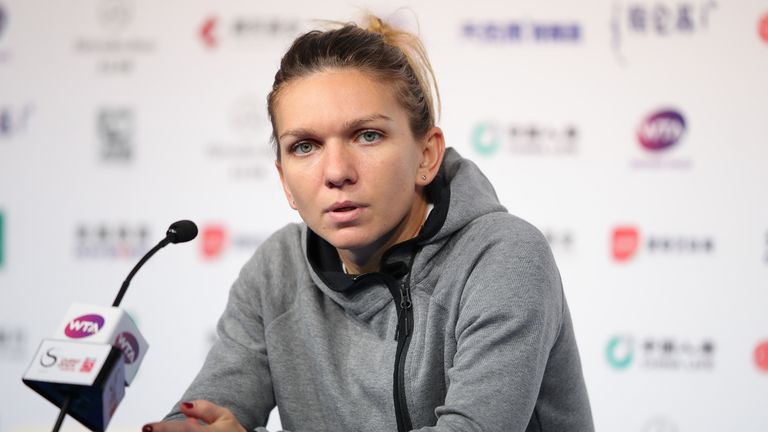 Simona Halep of Romania reacts during a press conference after losing to Ons Jabeur of Tunisia in their Women's Singles 1nd Round match of the 2018 China Open at the China National Tennis Centre on September 30, 2018 in Beijing, China.