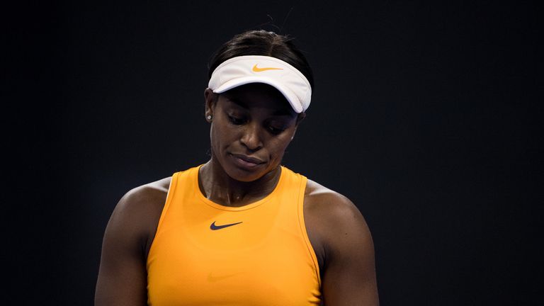 Sloane Stephens of the United States reacts against Dominika Cibulkova of Slovakia during her Women's Singles 3rd Round match of the 2018 China Open at the China National Tennis Centre on October 3, 2018 in Beijing, China.