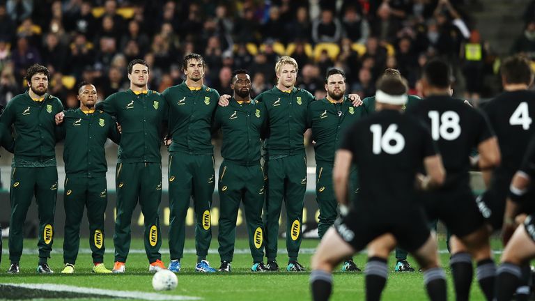 the Springboks face the Haka during The Rugby Championship match between the New Zealand All Blacks and the South Africa Springboks at Westpac Stadium on September 15, 2018 in Wellington, New Zealand.