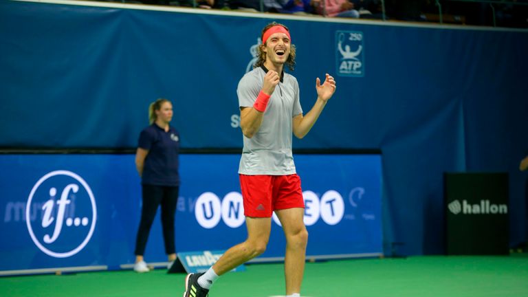 Greece's Stefanos Tsitsipas reacts after wining against Latvia's Ernests Gulbis in their final at the ATP Stockholm Open tennis tournament on October 21, 2018 at he Royal Tennis Hall in Stockholm.