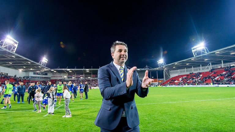  Warrington head coach Steve Price celebrates his side's victory over St Helens