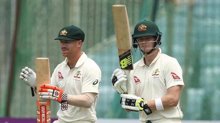 David Warner and Steve Smith of Australia head out to bat during day two of the Second Test match between Bangladesh and Australia at Zahur Ahmed Chowdhury Stadium on September 5, 2017 in Chittagong, Bangladesh.