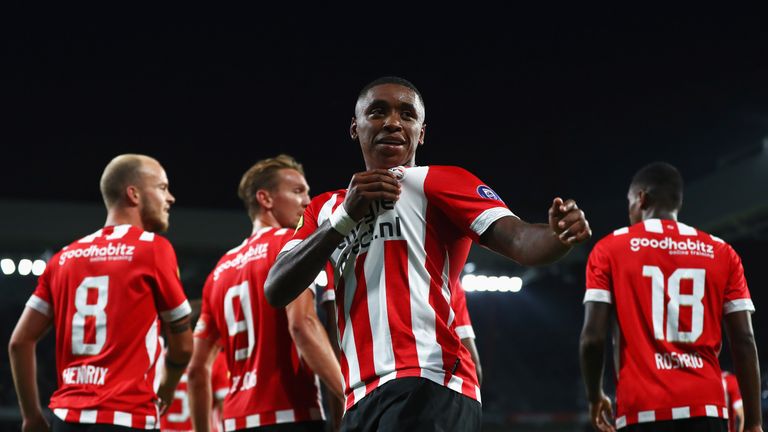 Steven Bergwijn celebrates scoring for PSV