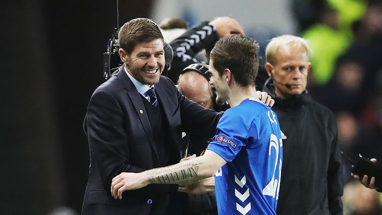 GLASGOW, SCOTLAND - OCTOBER 04: Rangers manager Steven Gerrard and Ryan Kent of Rangers are seen at full time during the UEFA Europa League Group G match between Rangers and SK Rapid Wien at Ibrox Stadium on October 4, 2018 in Glasgow, United Kingdom. (Photo by Ian MacNicol/Getty Images)