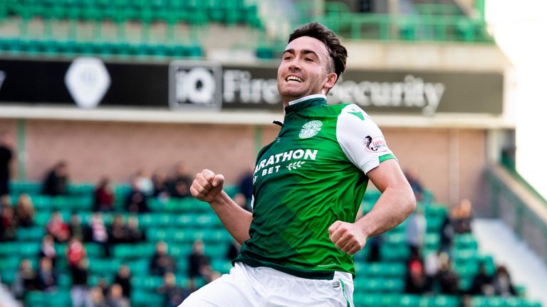 Hibernian’s Stevie Mallan celebrates his goal to make it 4-0